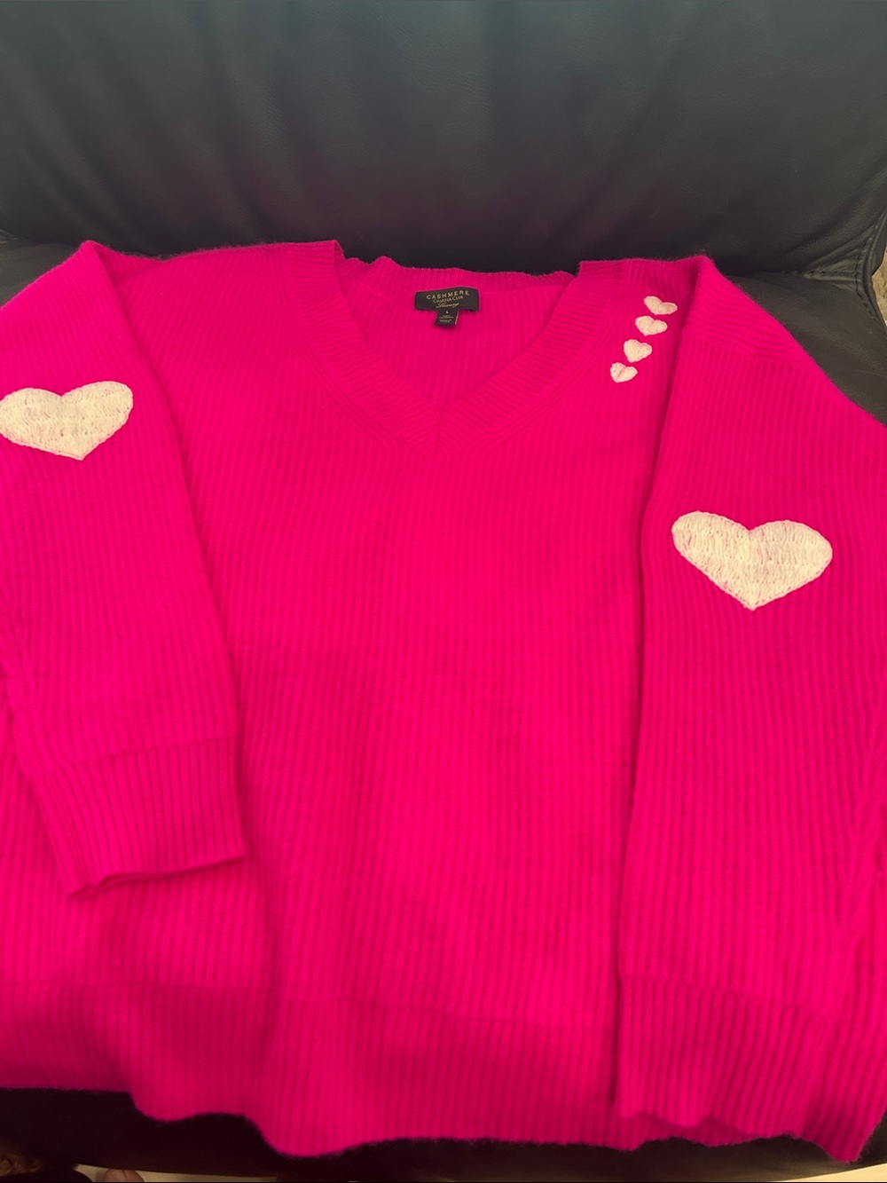 Charter Club Hot Pink V-Necki Sweater with Cream Heart Accents  cashmere